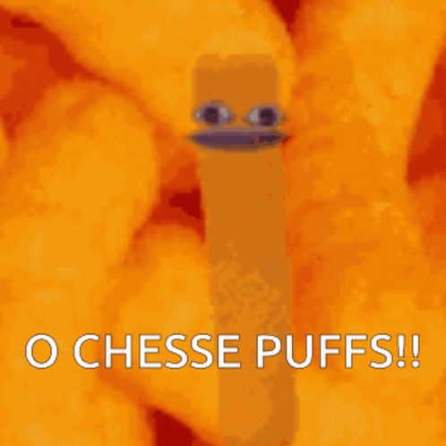 a strange thing floating in the air in front of an image of cheese puffs
