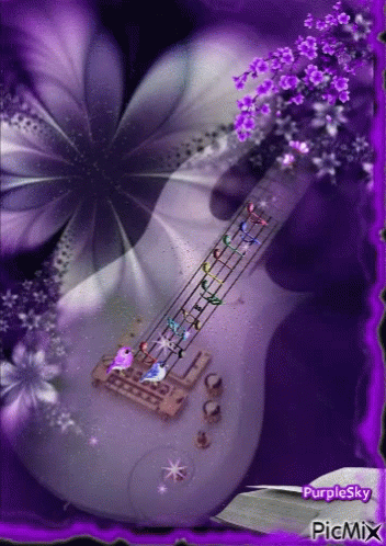 the cover art for a video game, showing a pink guitar and purple flowers