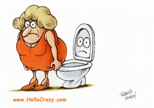 cartoon about a person with blue hair and a funny face while looking at a toilet