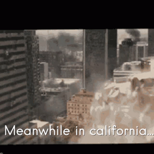 a blurry city skyline with text that reads meanwhile in california