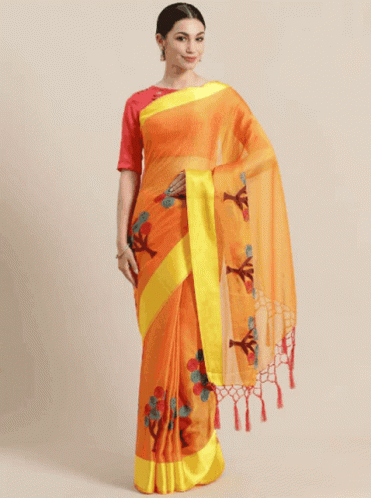 a woman with a large blue handloom with flowers