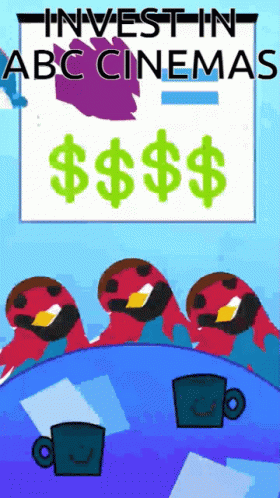 five birds sit in front of a paper sign that reads investin abc cinema