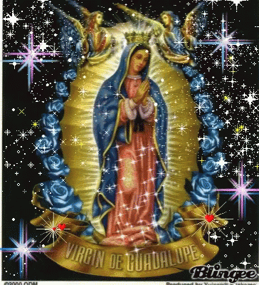 an image of the virgin mary, with stars and a blue background