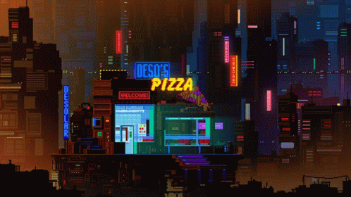 a dark city has neon lights on the buildings and neon street signs