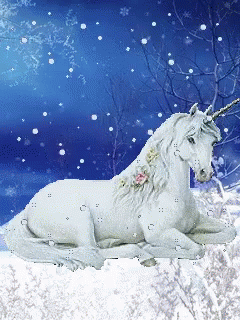 a beautiful white unicorn resting in snow