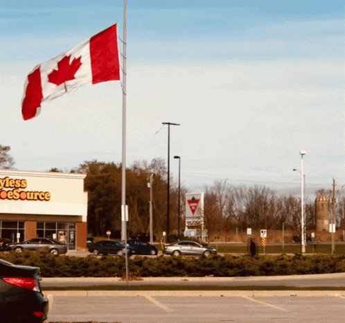 the flag of the country flying at a drive - by store
