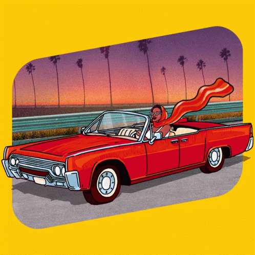 a drawing of a vintage car on the road