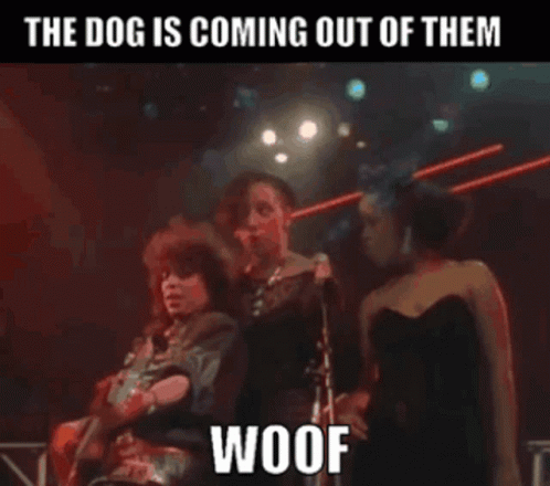 two women on stage in front of a microphone and a man on the other side saying, the dog is coming out of them woof
