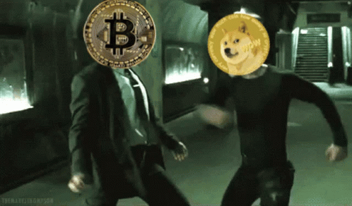 a man wearing a face mask holding up a bitcoin over his head