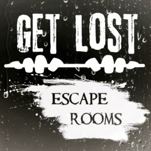 the text get lost escape rooms in white letters