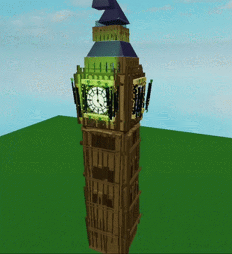 an animated image of a large blue tower with a clock