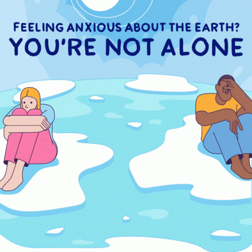 a couple sits in a grassy field with the words feeling anxious about the earth? you're not alone