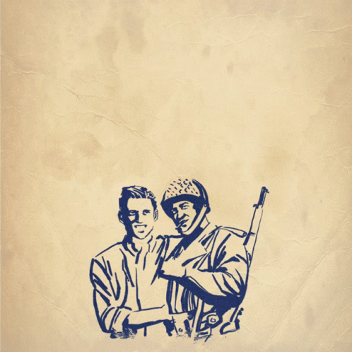 two men are standing with a rifle on a blue background