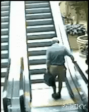 an image of a man on escalator with luggage