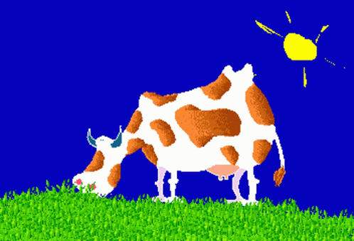 an animated cow eating grass on top of a hill