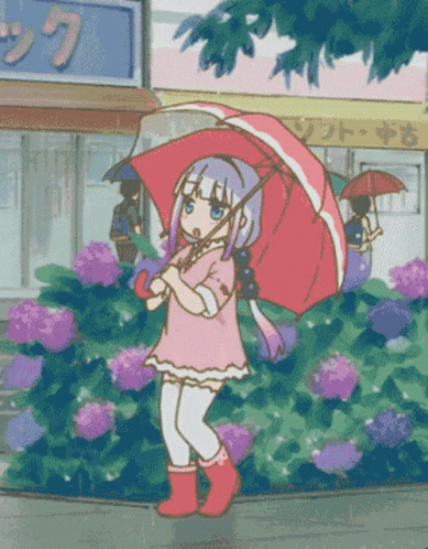 an anime girl with a purple umbrella in front of a building