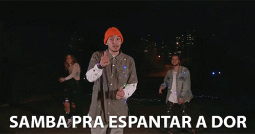 a person in grey clothes is shown with text reading samba para espantar a dor