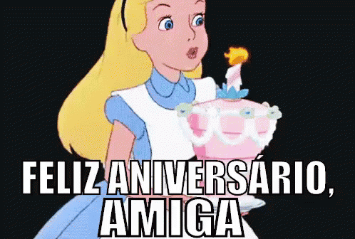 a cartoon woman is holding a cake in one hand and words over her left side are the words feiz anivers, amga