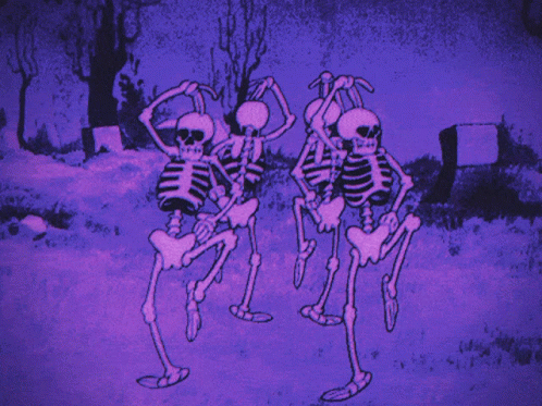 two skeletons dance while a pink background is in the background