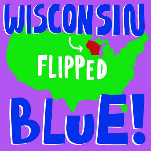 poster featuring the shape of a us map with words wisconsin, flipped blue