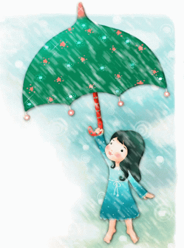 drawing of a girl holding a green and blue umbrella