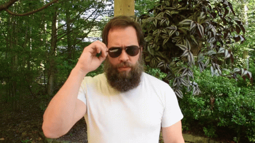 bearded man with sunglasses walking near bush