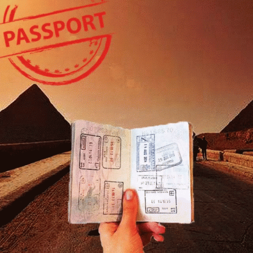 a hand holding an open passport near two pyramids