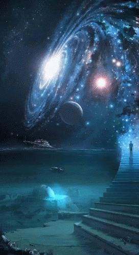 a staircase leading up to a galaxy with stars