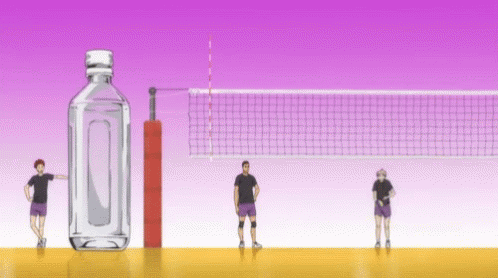 volleyball court with ball and water bottle in front