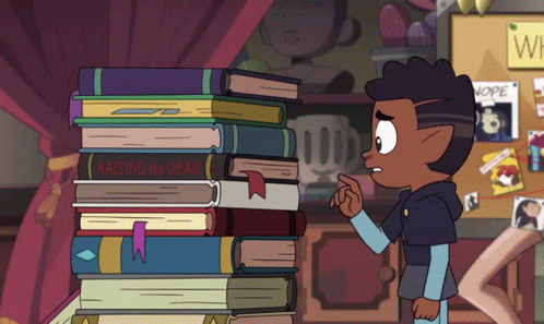 a cartoon character with his hand near the pile of books