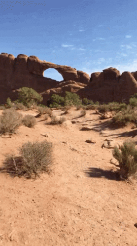 a desert area with a rock arch and grass