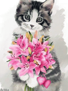 the kitten is holding purple flowers and staring to the right