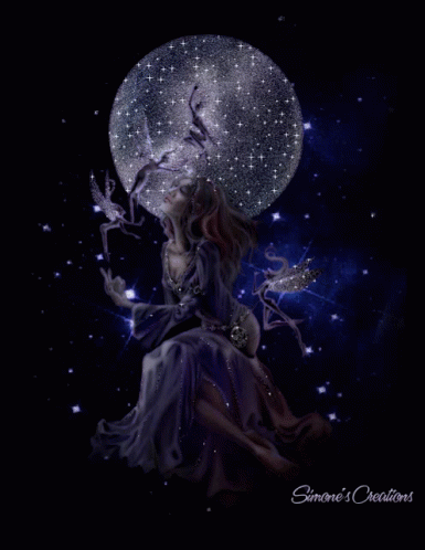 a woman with her arms outstretched standing underneath a full moon