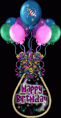 a birthday card with balloons and streamers