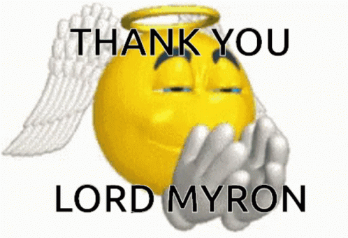 a blue ball with a angel's wings and text over it says, thank you lordmyron
