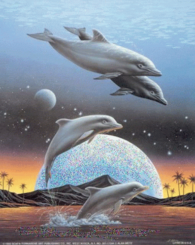 three dolphins are jumping off the surface in the water
