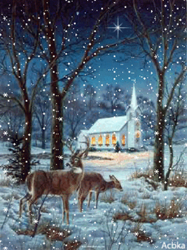 a painting of deer and church in a winter scene