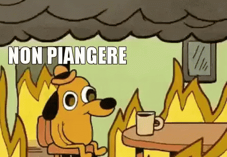 a cartoon image of a dog and table in front of a large plume of flames with text reads non pjeigncere