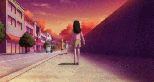 a girl walks down an urban road with purple skies behind her
