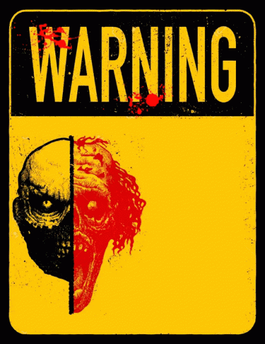 an aliens head with the words warning and a blue background
