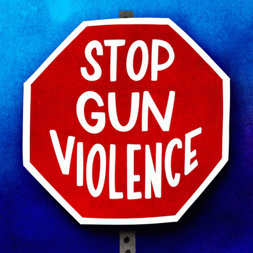 a blue and white sign saying stop gun violence on it