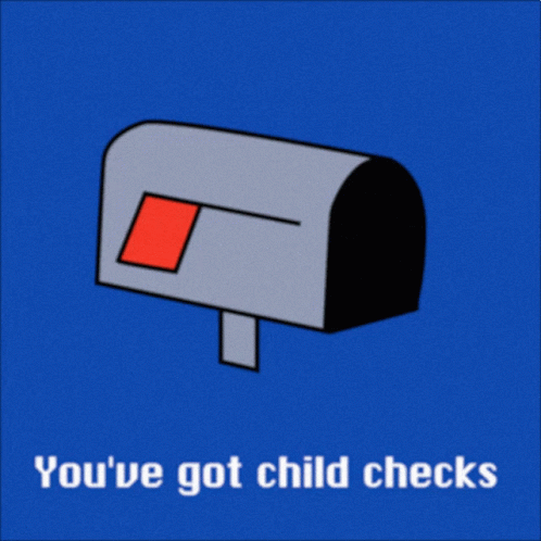 a white and blue mailbox is on an orange background with a caption reading you've got child checks