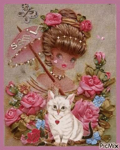 an altered pograph of a girl holding an umbrella next to a cat