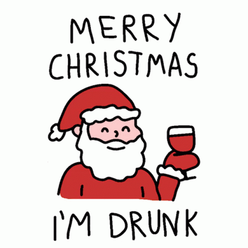 the drawing shows a man wearing a santa claus hat and holding a glass of wine
