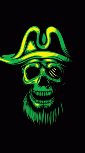 a skull wearing a pirate hat, in green light