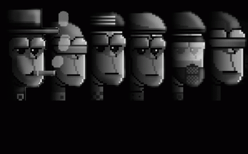 pixel art featuring five different people with different hats