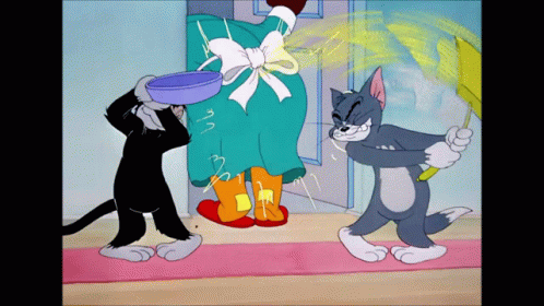 two cartoon cats stand on their hind legs