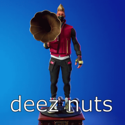 a statue holding an item with the word deez nuts above it