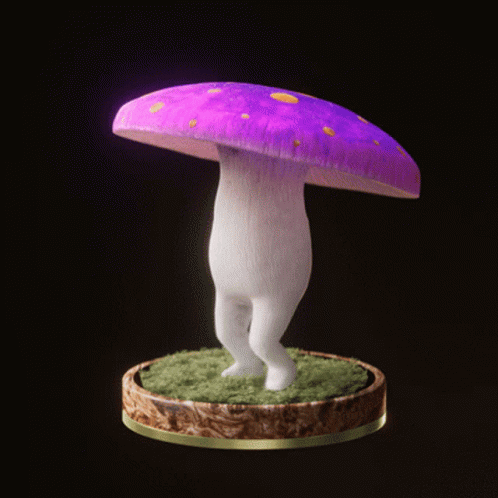 a 3d mushroom with pink and blue dots standing on a round base