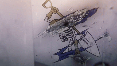 the skeleton has painted on a glass door with graffiti